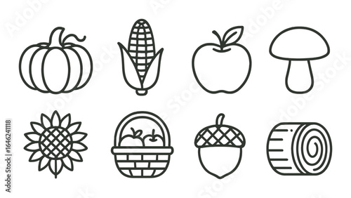 Outline icons of pumpkin, corn, apple, mushroom, sunflower, basket, acorn, log on olive background