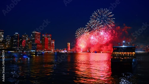 Numerous boats stand on the river waterscape watching the fireworks. Fantastic celebration show in New York, USA at night.