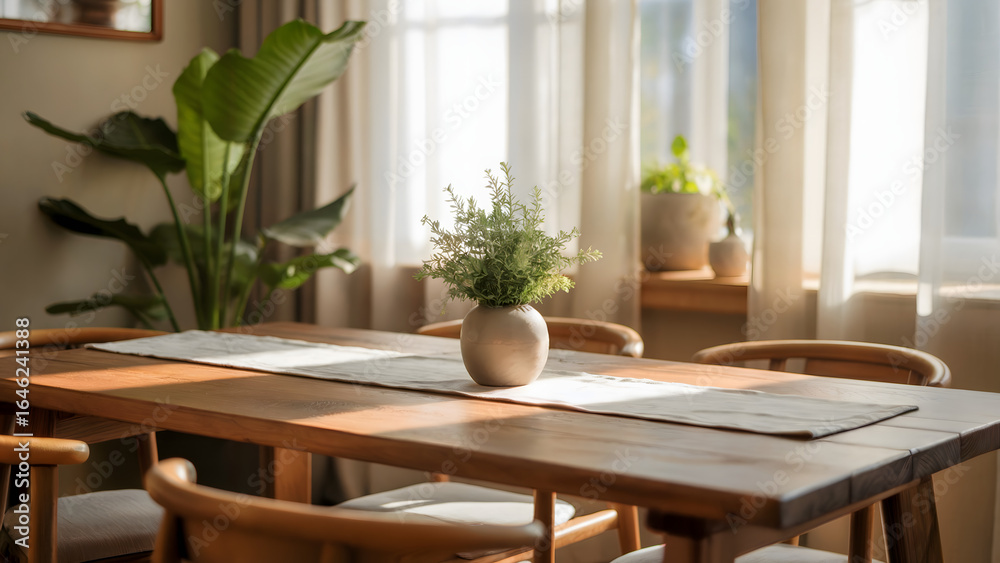 Fototapeta premium A dining room with a wooden table, chairs, a table runner, and plants in natural light setting