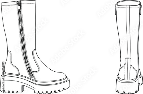Chunky sole boot illustration, side and rear views, zipper detail, rugged footwear sketch, stitching design, Adobe Stock fashion asset