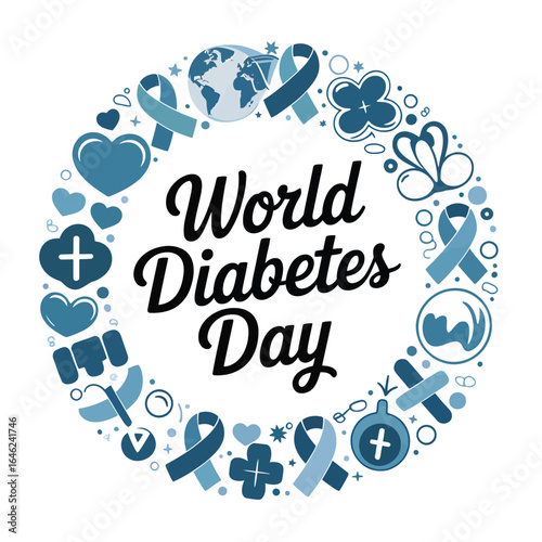 World Diabetes Day circular design with medical symbols and blue ribbons diabetes awareness