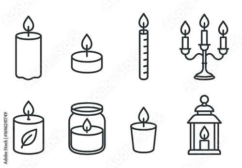 Set of various candle icons with glowing candles in different styles