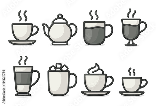 Assorted coffee and tea cups with steam on brown background