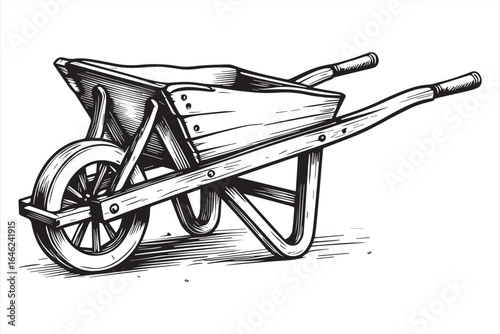 Wooden garden cart with single wheel and handles tool