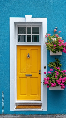 Bright Yellow Door Against Vibrant Blue Wall With Colorful Flower Boxes in a ...