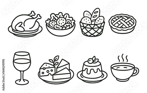 Line art icons of foods and drinks including bread, pie, wine, cheese, and coffee