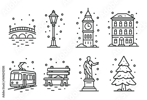 Winter city icons: bridge, lamp, clock tower, building, tram, bench, statue, tree