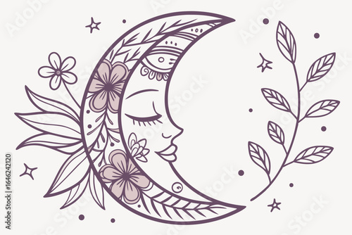 Bohemian crescent moon with a serene face surrounded by flowers and leaves