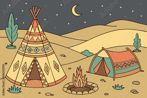Cozy campsite with teepee and tent under a starry night sky