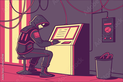 Hacker in a dark room using a computer terminal and wires overhead