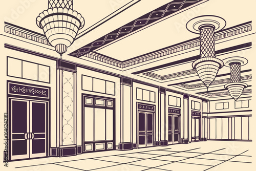Elegant art deco ballroom interior with chandeliers and ornate doors