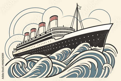 Art deco ocean liner sailing through stylized waves