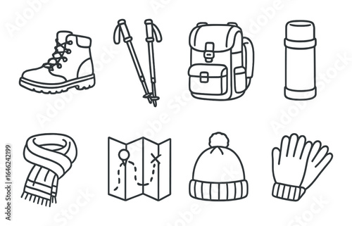 Outdoor adventure gear illustrations: boots, trekking poles, backpack, thermos, scarf, map, beanie, gloves