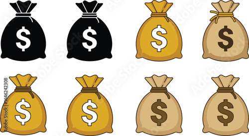 Money bag icons, dollar sign sack illustrations, wealth and finance vector symbols for banking design