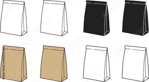 Paper bag icons, lunch sack vector illustrations, eco-friendly packaging symbols for food and retail design