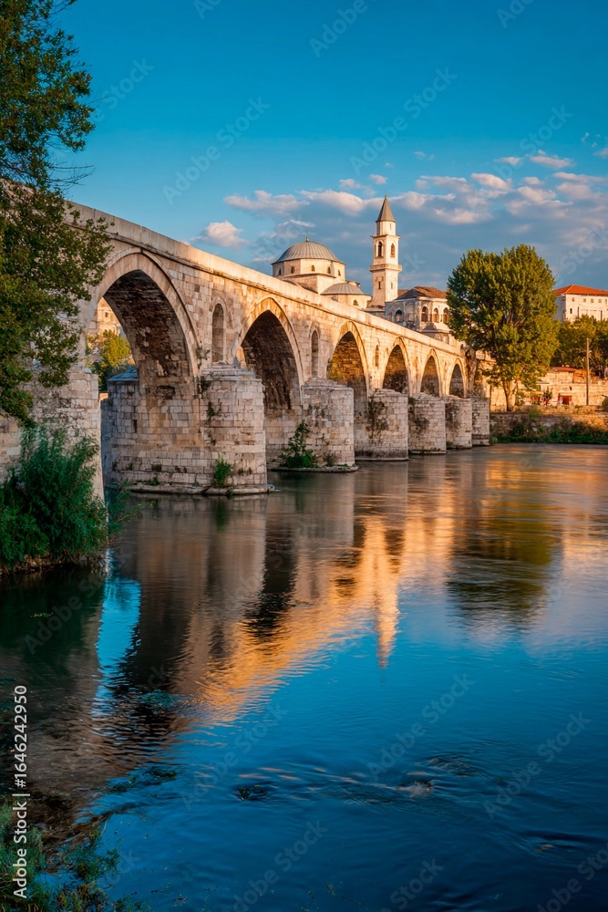 Fototapeta premium A beautiful stone bridge spans across a serene river, capturing the colorful reflections of the sky and architecture of an ancient town at dusk, creating a picturesque setting
