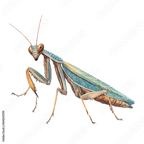 Praying Mantis, watercolor clipart vector, isolated on a white background.