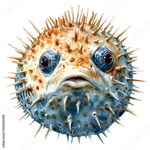 watercolor of Pufferfish, vector, isolated on a white background.