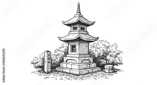Stone pagoda in the garden with surrounding greenery and rocks  