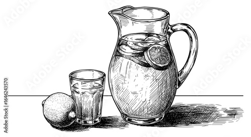 Lemonade pitcher with lemon and glass on table in sketch style  