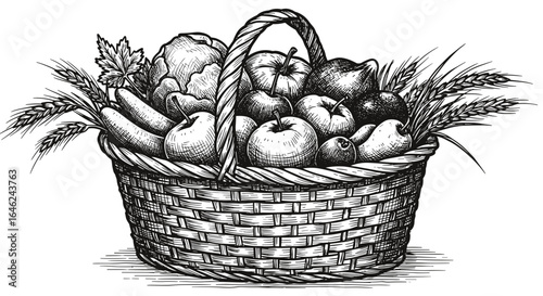 Full harvest basket with fruits and vegetables in sketch style  