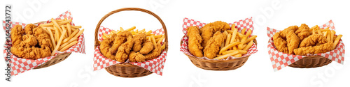 Fried chicken tender with French fries in wicker basket lined with red and white checkered paper, crispy and golden food meal