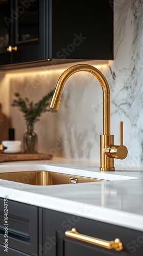 Modern Kitchen Faucet in a Stylish Interior With Decorative Elements.