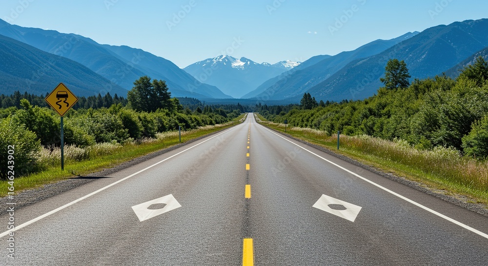 Naklejka premium Scenic Highway Journey Through Mountain Landscape with Warning Sign and Clear Blue Skies inviting travel and adventure on the open road