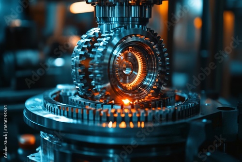 Machinery in a Workshop Showcasing a Detailed Gear Mechanism Glowing Under Am...