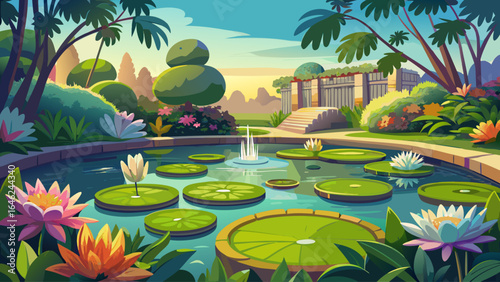 A serene pond rests gracefully in a sunlit botanical garden, blooming water lilies drifting upon shimmering reflections, embraced by vibrant foliage and warm light, creating a scene of peaceful semi-r