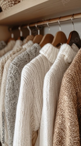 Cozy Sweaters Neatly Arranged in a Wooden Wardrobe in a Warm-Toned Room.