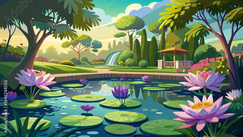 A serene pond rests gracefully in a sunlit botanical garden, blooming water lilies drifting upon shimmering reflections, embraced by vibrant foliage and warm light, creating a scene of peaceful semi-r