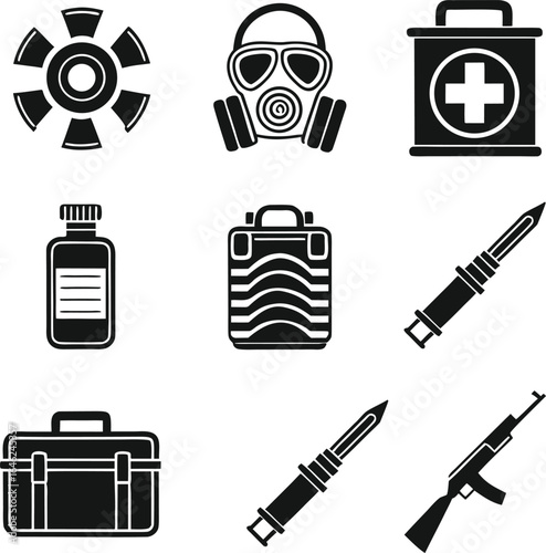 military, gear, collection, warfare, equipment, post, apocalyptic, survival, army, combat, protection, simple, solid, icon, set, vector