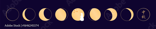 Lunar, moon phases, cute rabbit, bunny, osmanthus flowers, Chinese text Mid Autumn Festival, gold elements on blue. Flat vector illustration. Cartoon character. Holiday design, seasonal banner, card