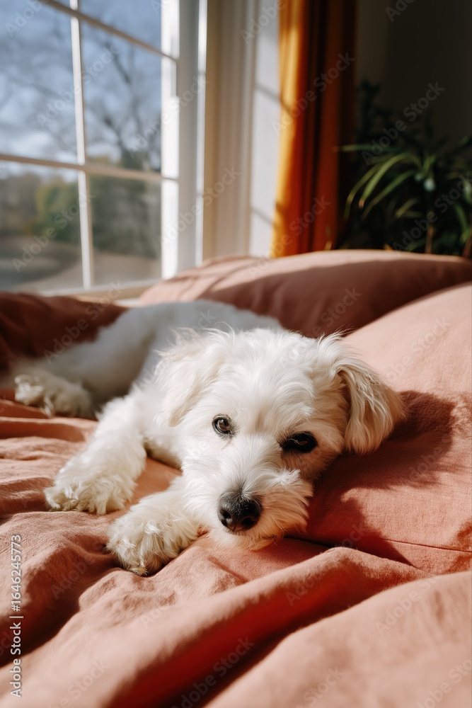 White fluffy dog relaxing on bed in sunlit room White fluffy dog relaxing on bed in sunlit room