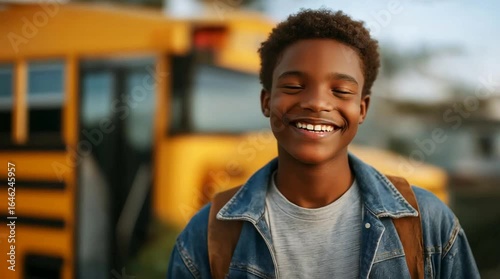 Happy and smiling teenage African-American boy getting off school bus, ready for first day of school