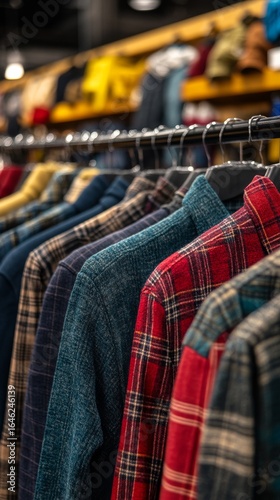 Colorful Collection of Flannel Shirts Displayed on Hangers in a Clothing Store