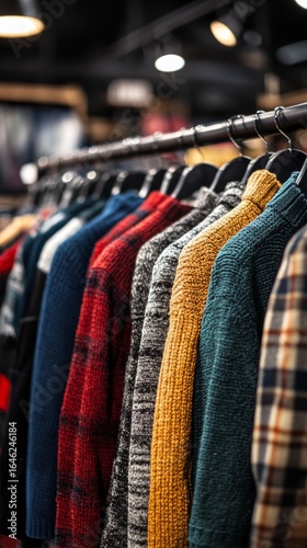 Colorful Collection of Flannel Shirts Displayed on Hangers in a Clothing Store.