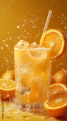 Refreshing Orange Beverage With Ice and Fresh Fruit Slices Against a Vibrant ...