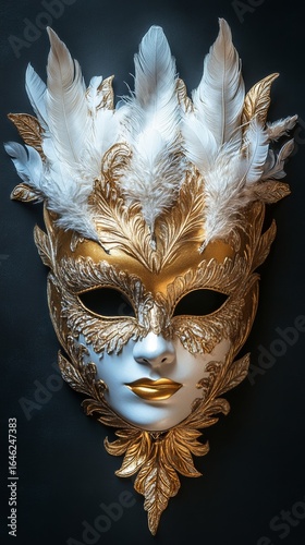 Elegant Venetian Mask Adorned With Feathers and Gold Decorations on a Dark Ba...