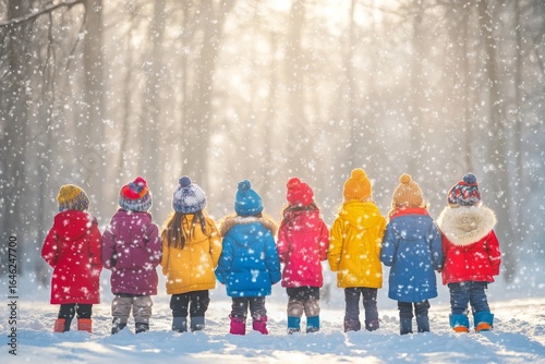 Children in Colorful Coats Enjoying Snowfall in a Serene Forest During Winter...