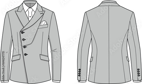 Double-breasted men’s suit jacket, front and back view, fashion technical sketch, notched lapel, formal wear, tailored design