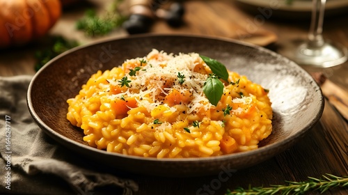 Creamy pumpkin risotto with parmesan cheese and herbs, served on a rustic wooden table with wine glass. Ideal for gourmet seasonal dining promotions and menu.