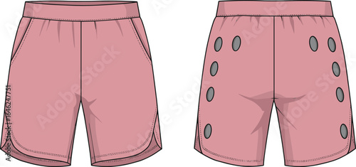 Pink shorts illustration, front and back view, fashion sketch, circular patch design, stitching details, waistband, side pockets, clothing template