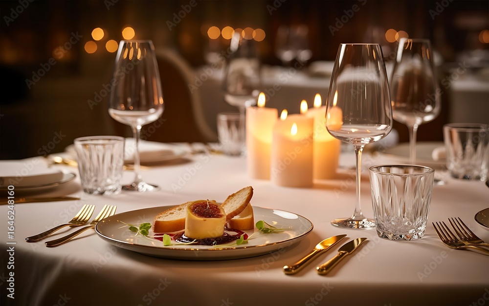 Fototapeta premium Elegant table setting with gourmet food and glowing candles for a romantic dinner