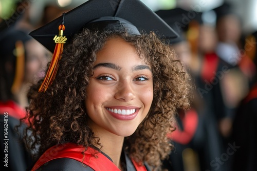 Young Graduate Smiles Joyfully During Graduation Ceremony in an Indoor Venue ...