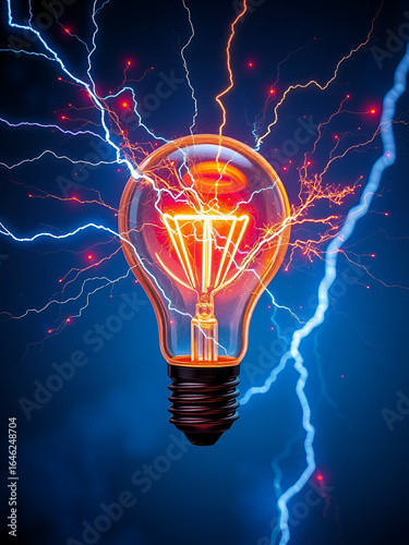 Striking futuristic visual of a light bulb with dynamic branching electric sparks and lightning bolts in vibrant colors on a transparent background representing the power and energy of electricity