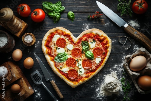 Heart-shaped Pizza With Fresh Ingredients and Kitchen Tools Arranged on Woode...