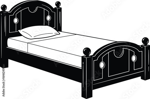 Black and white bed illustration, classic bed frame design, decorative headboard vector, furniture clipart, elegant bedroom sketch, vintage decor drawing