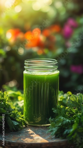 Fresh Green Smoothie in a Glass Jar Surrounded by Vegetables in a Garden Duri...